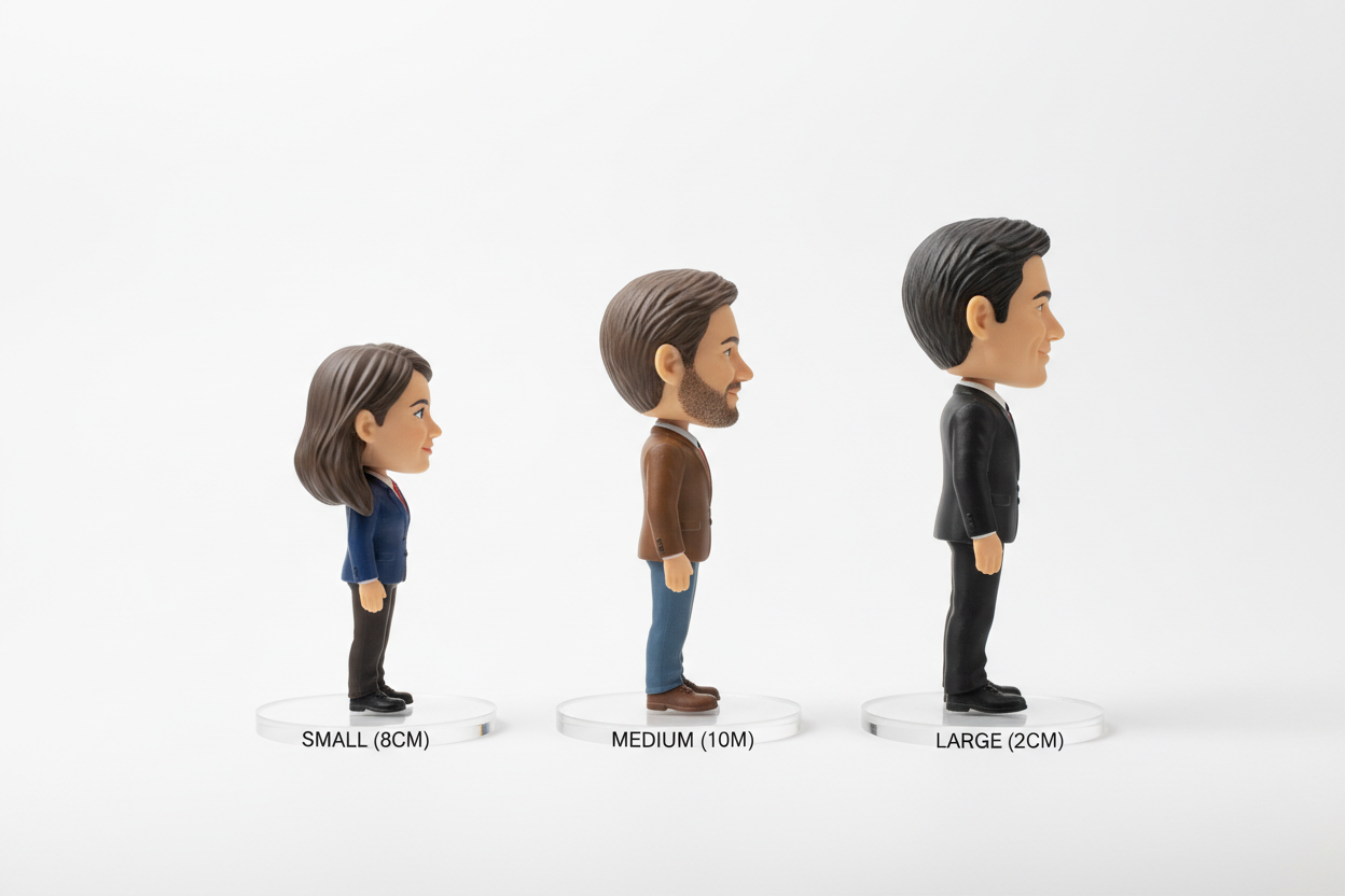 Confronto dimensioni Mini Me: Mini 8cm, Standard 10cm, Large 12cm